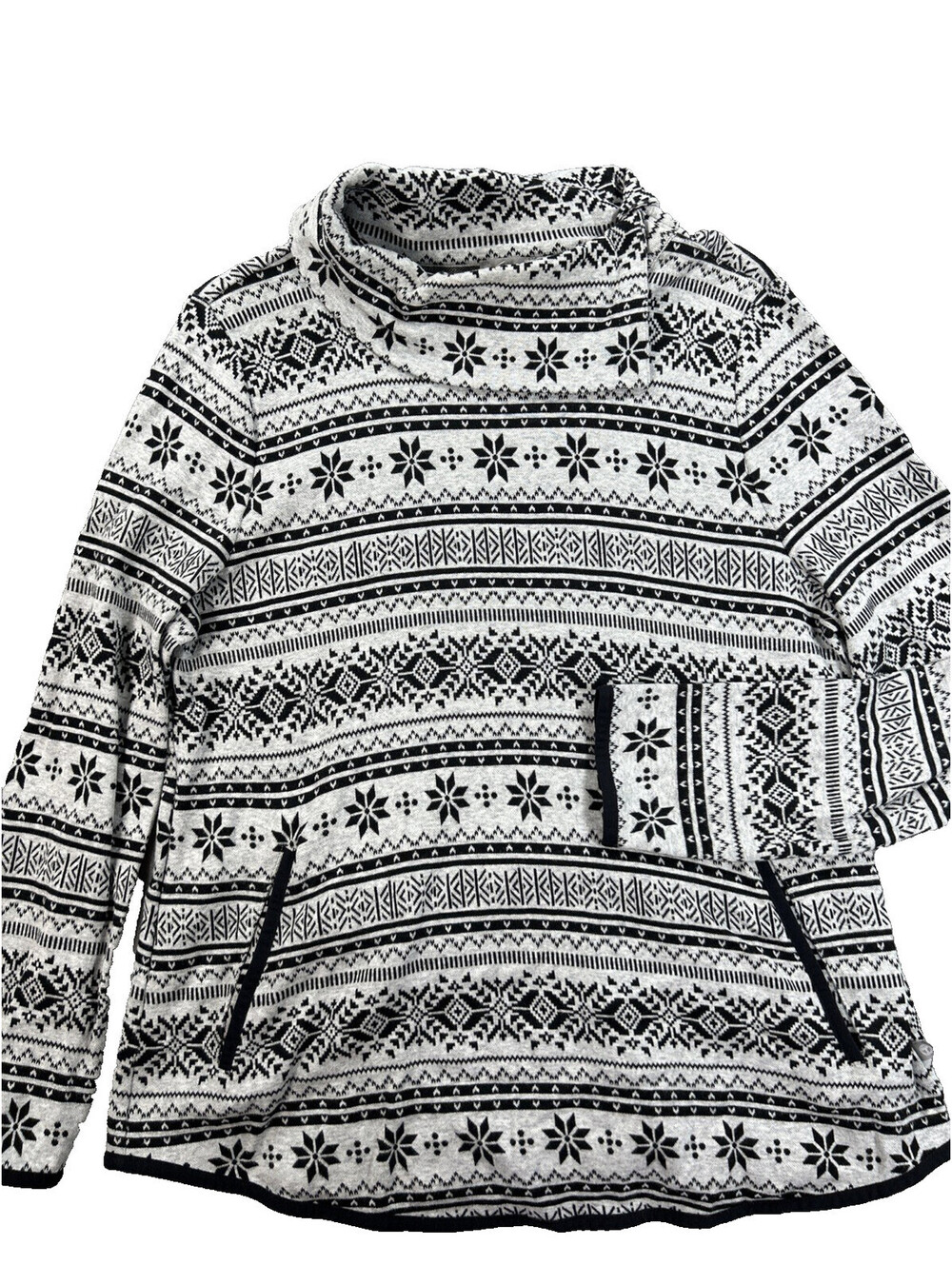 Talbots T Size L Petite NWOT Gray Black Fair Isle Snowflake LS Knit Top Winter